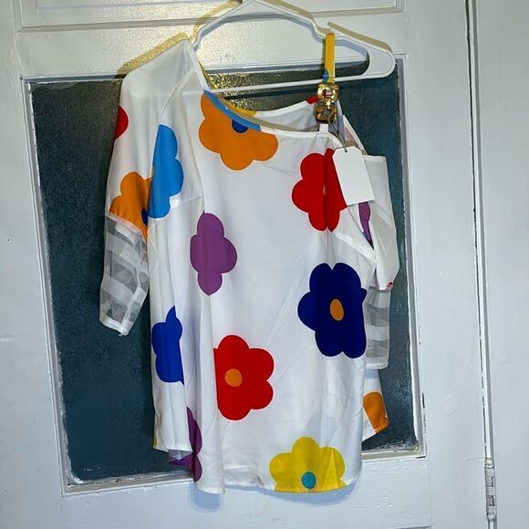 NWT AA Collection Inc Women’s White Multicolored Floral off shoulder top size L - Picture 1 of 5